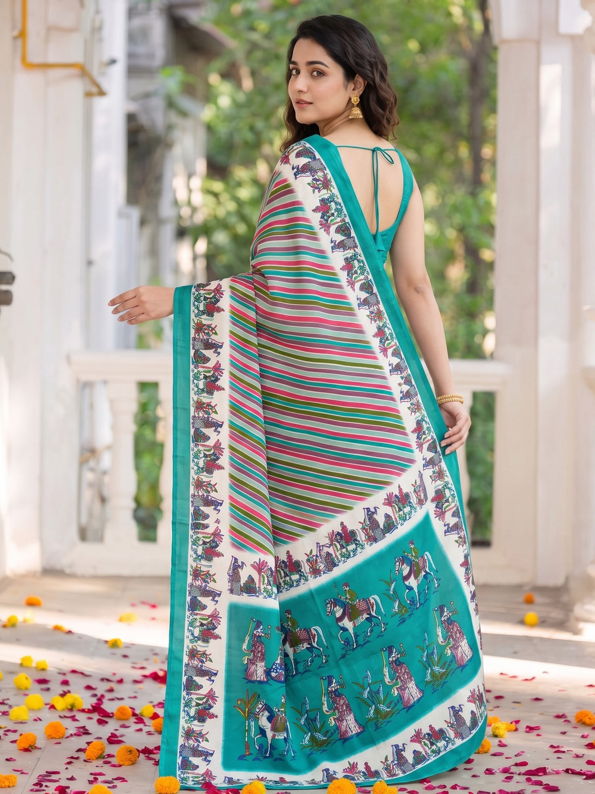 Teal Green crepe saree view 5