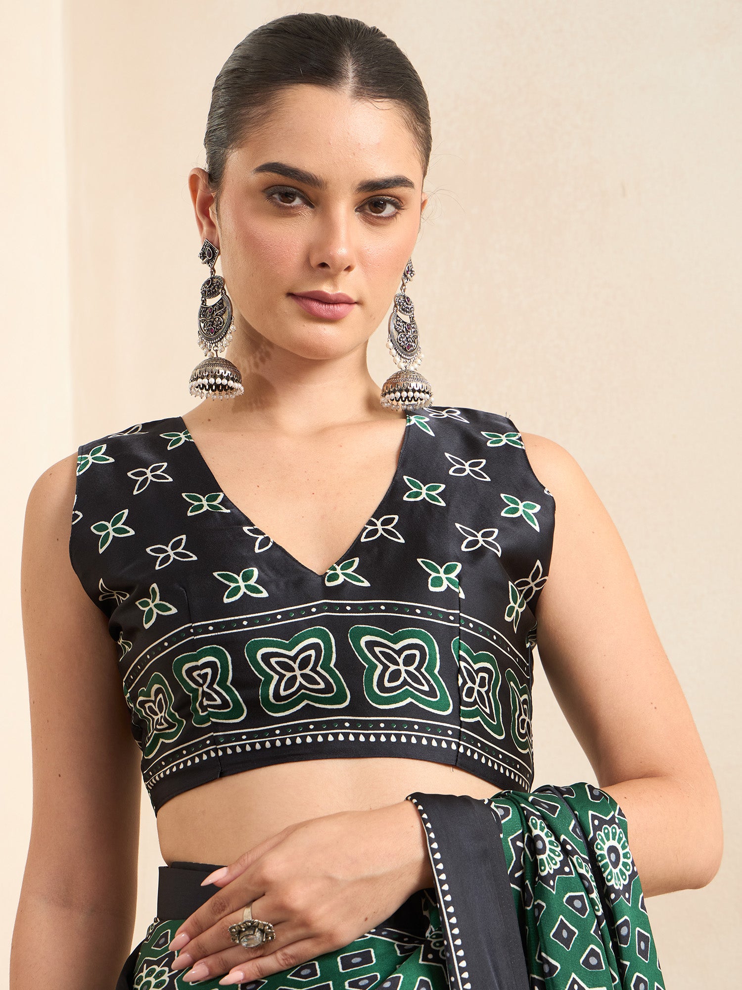 Unstitched black crepe blouse piece with ajrak design
