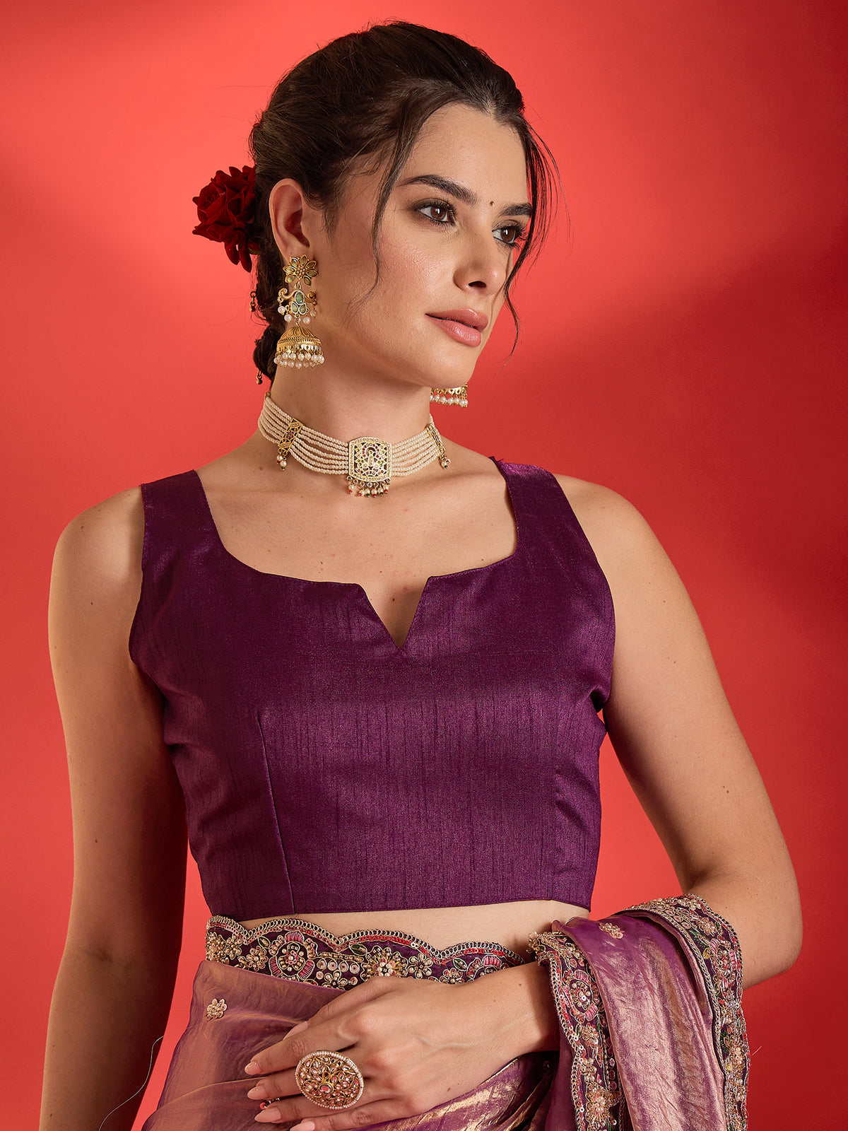 Unstitched wine satin blouse piece with solid design