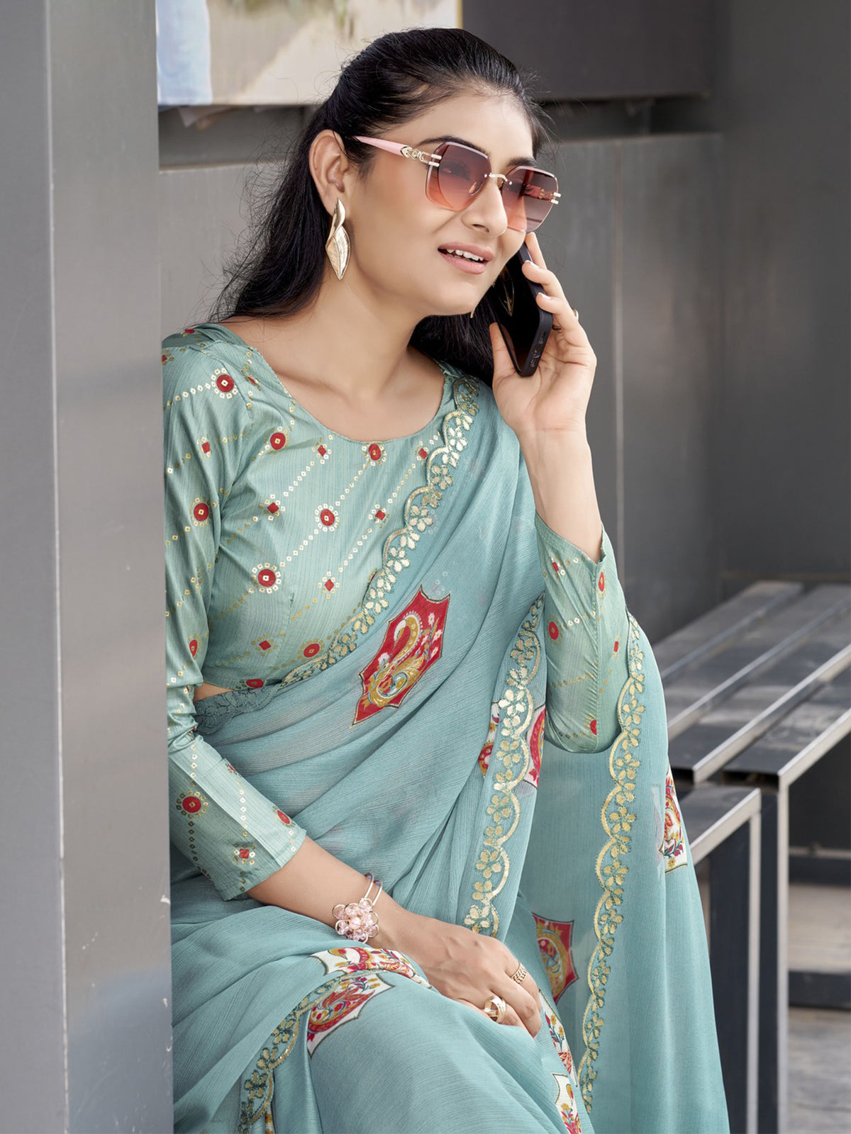 Aqua Blue chiffon saree view 2