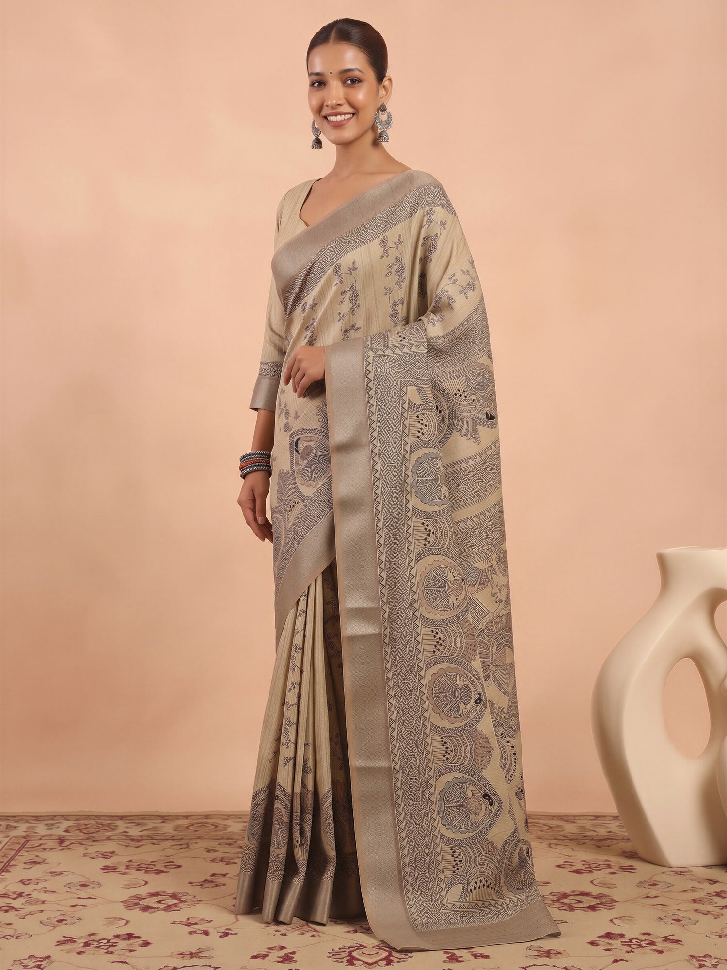 Cream Satin Silk saree – detail view 2