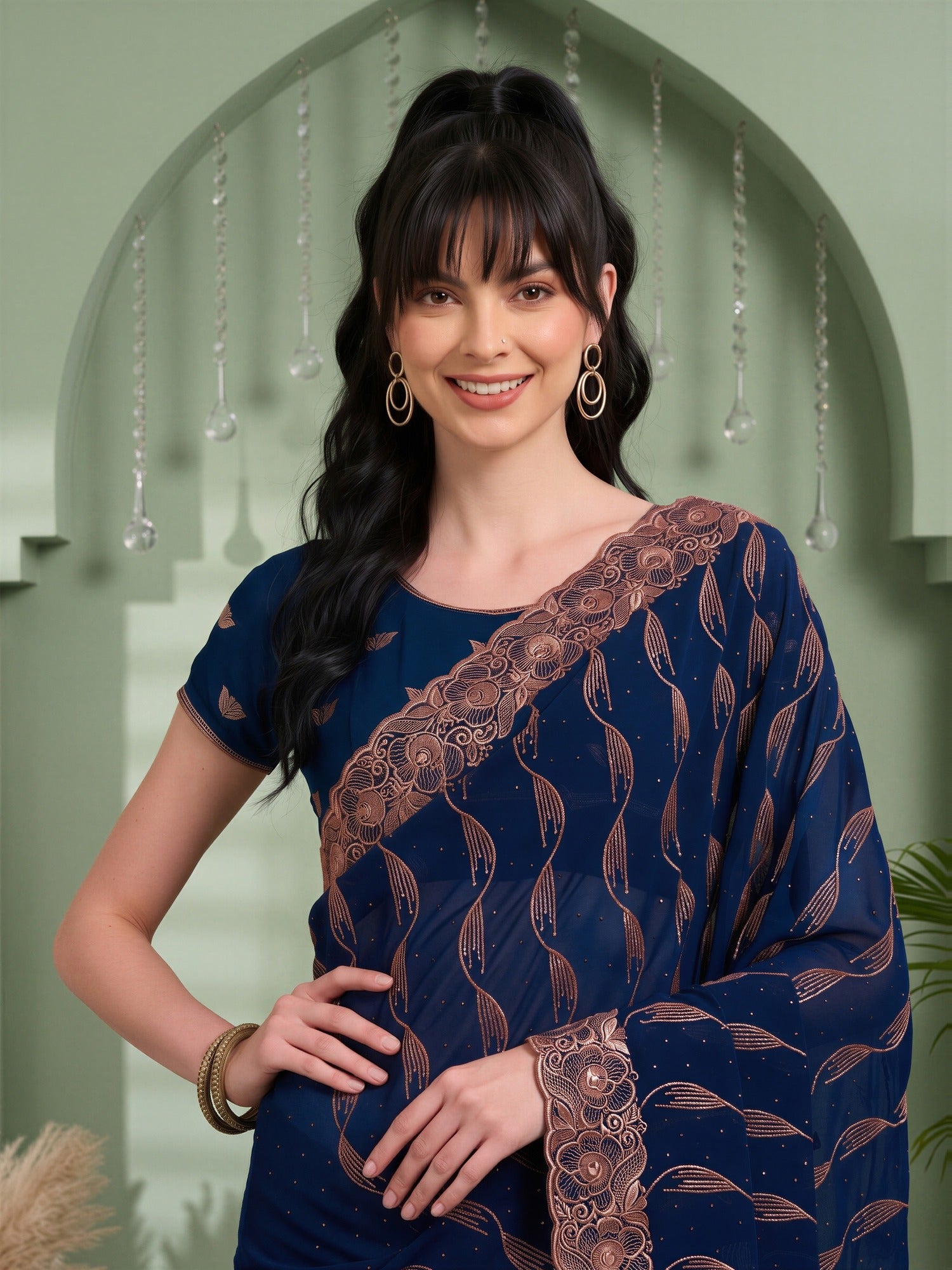 Teal Blue Pure Georgette saree – detail view 4