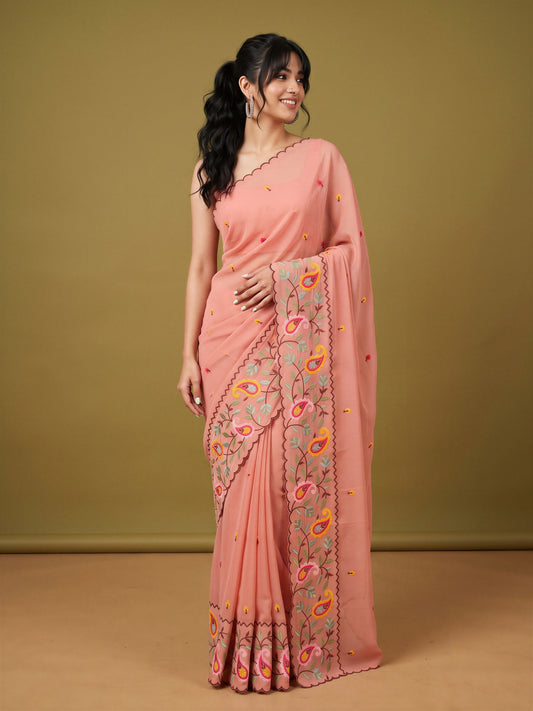 Peach Georgette saree – detail view 1