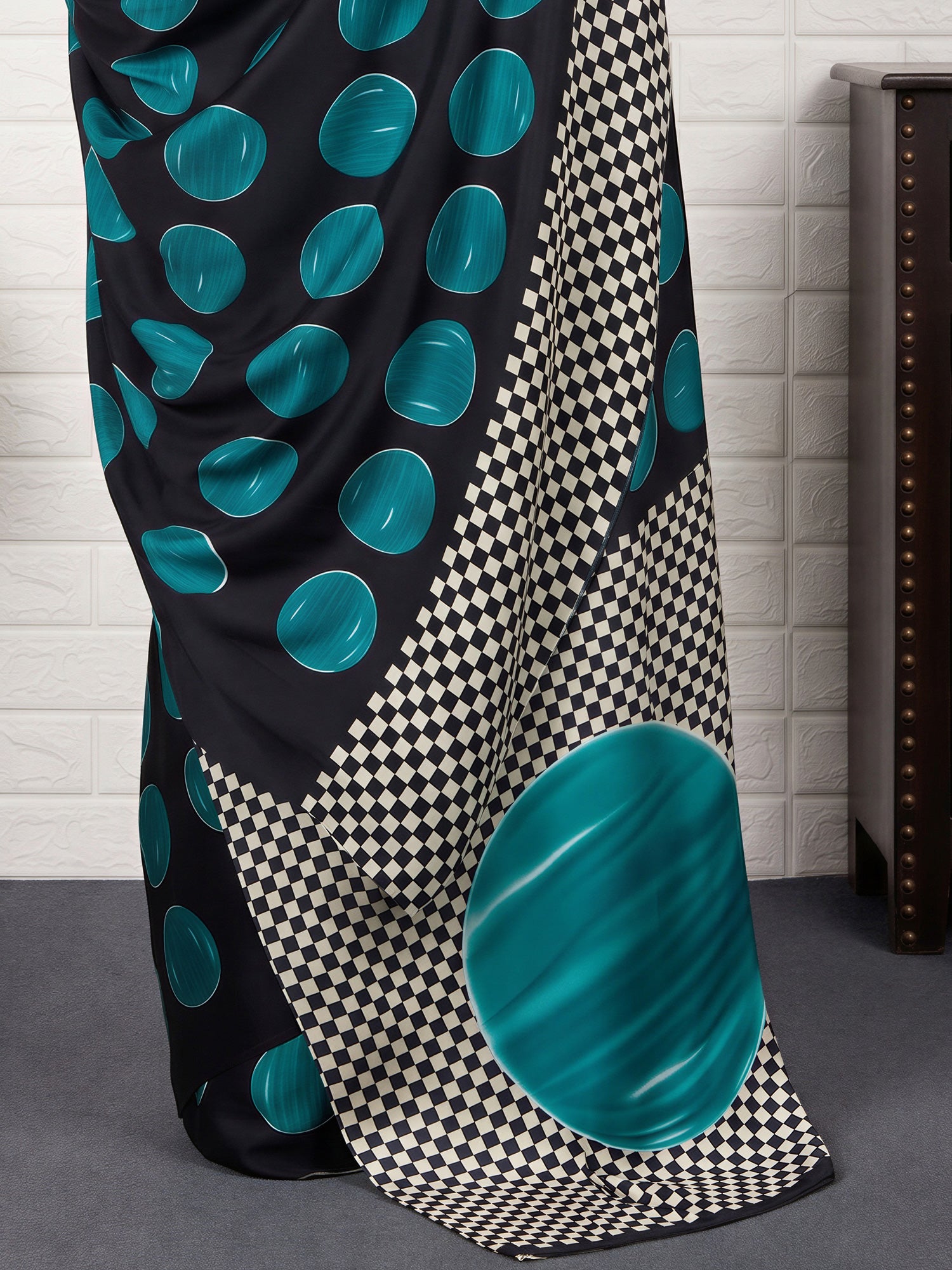 Teal Blue Satin saree – detail view 5