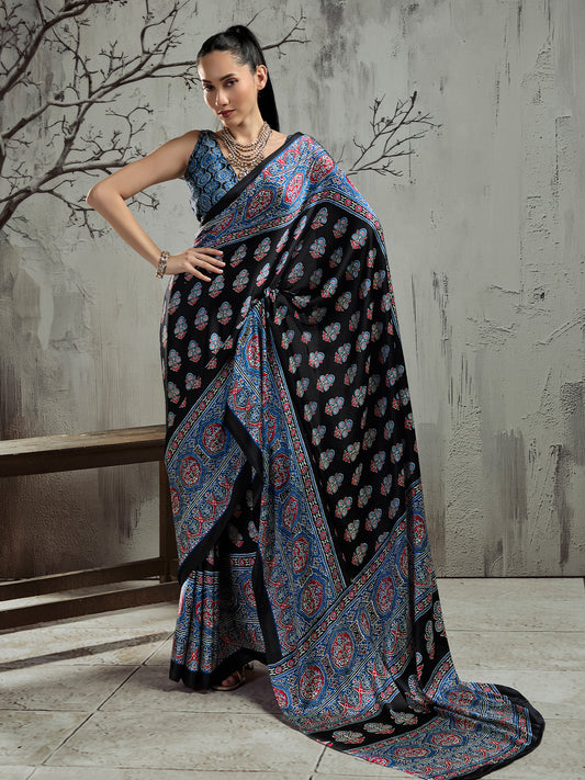 Black ajrak satin saree with light blue blouse piece