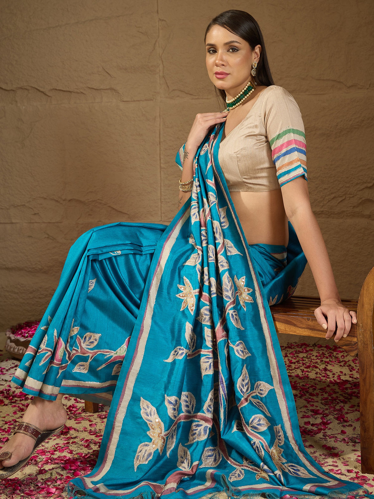 Turquoise Blue art silk saree view 4