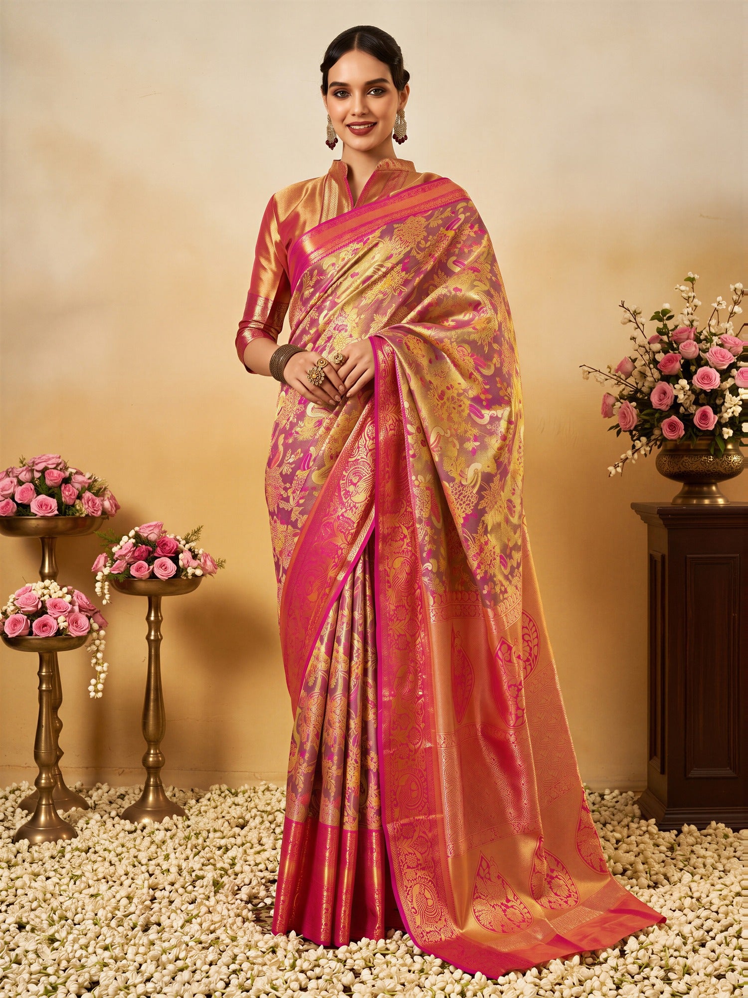 Woman wearing pink silk blend saree with traditional indian motif work and pink blouse