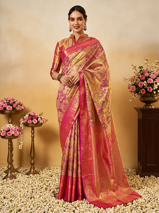 Woman wearing pink silk blend saree with traditional indian motif work and pink blouse
