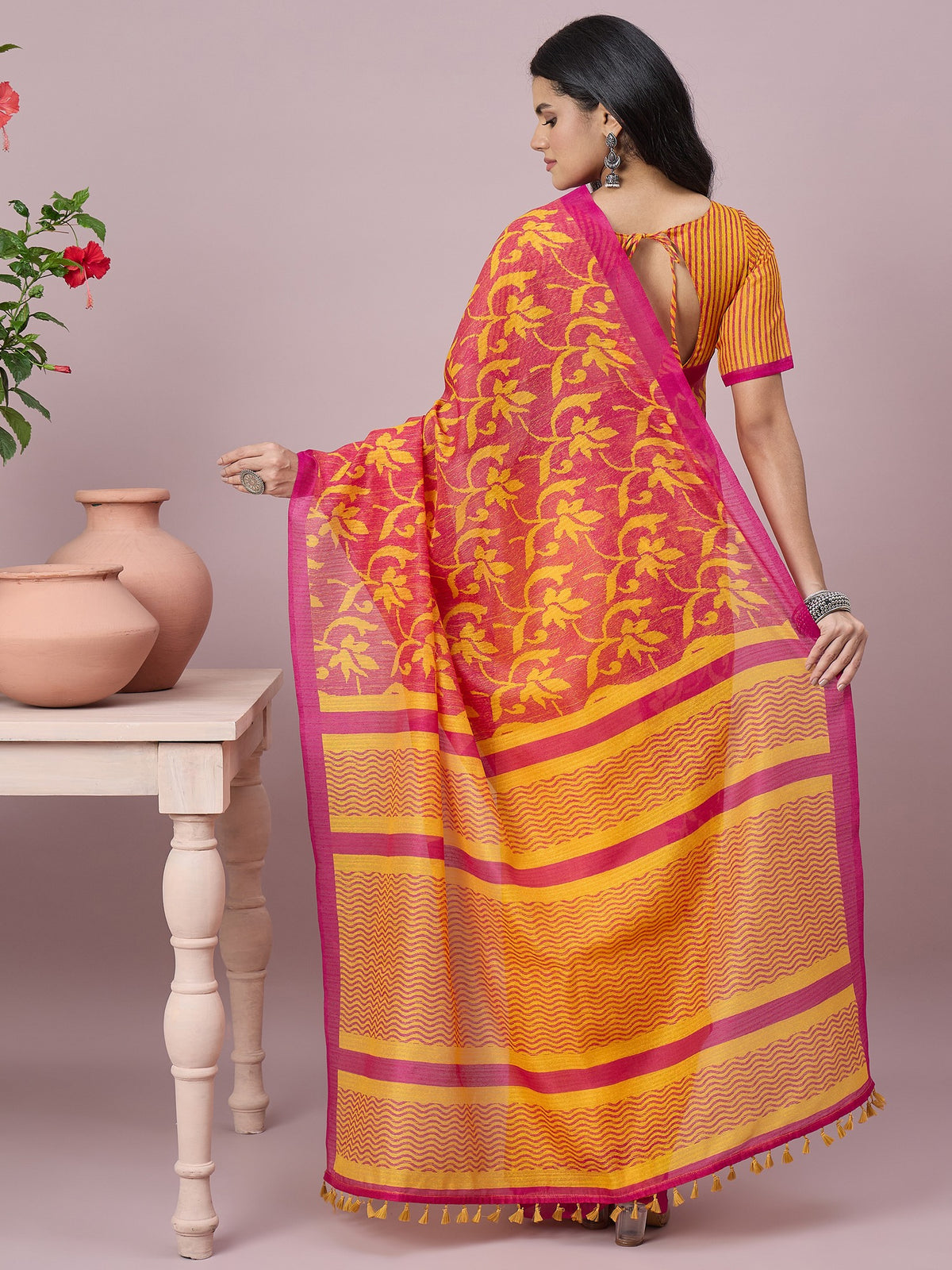 Mustard cotton slub saree view 2