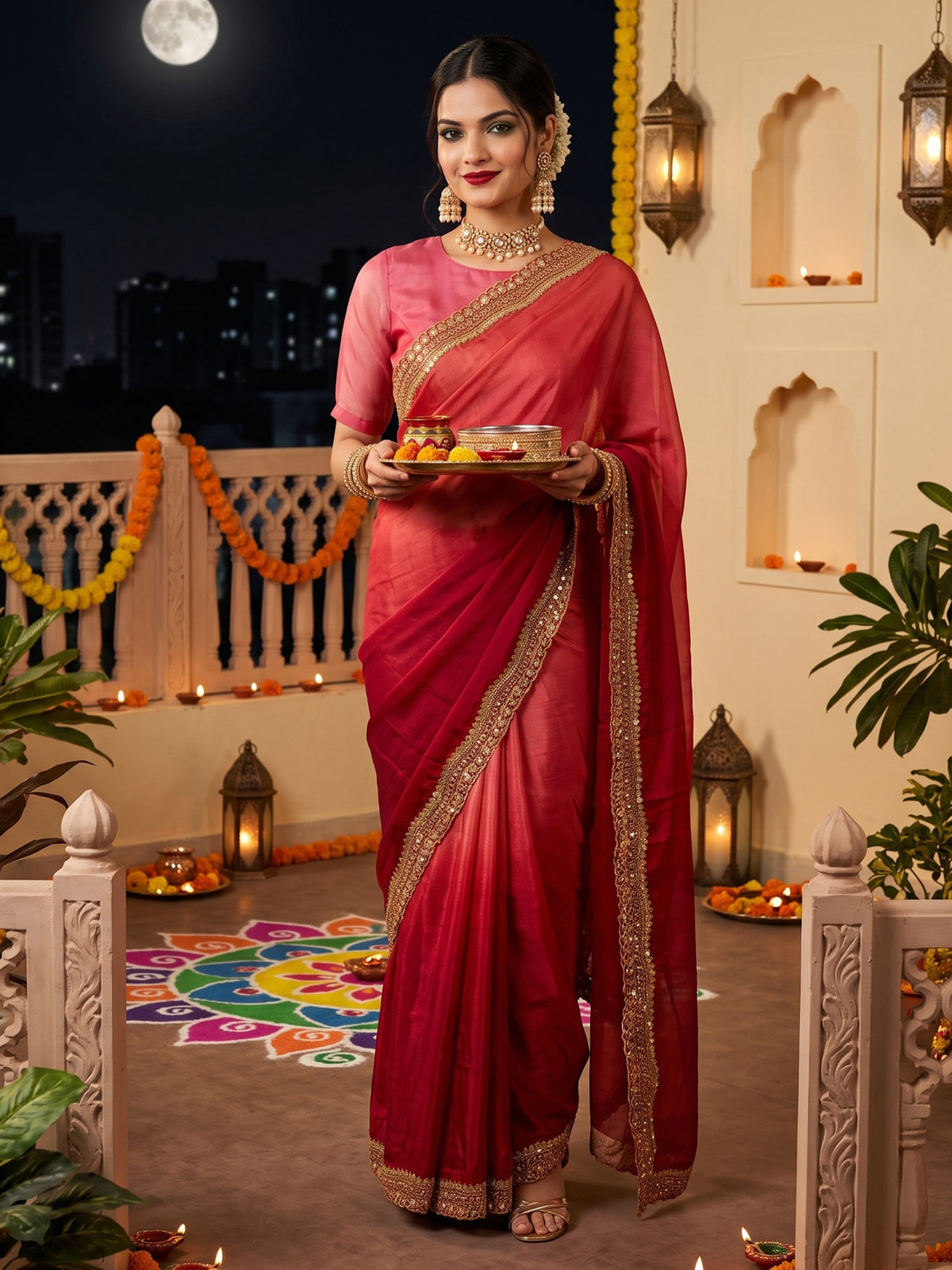 Woman wearing red satin saree with ombre graded colour work and red blouse