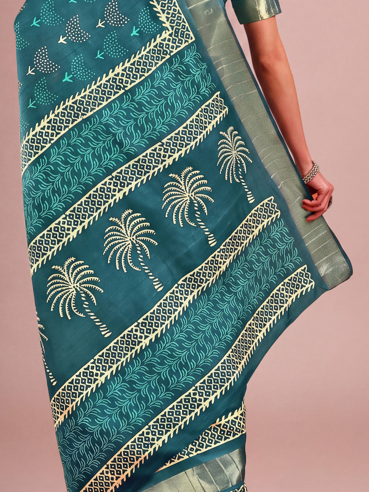 Teal Blue Cotton Silk saree – detail view 5