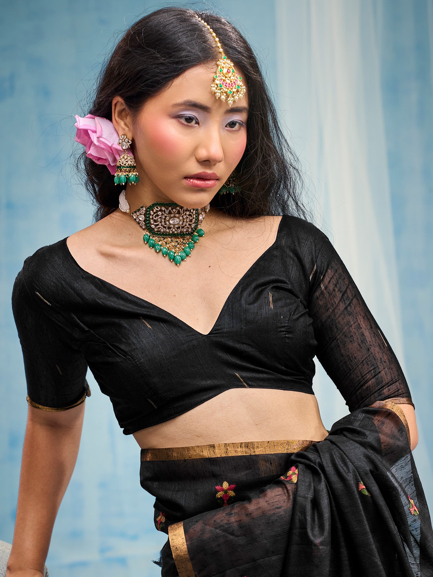 Unstitched black muga cotton blouse piece with solid design