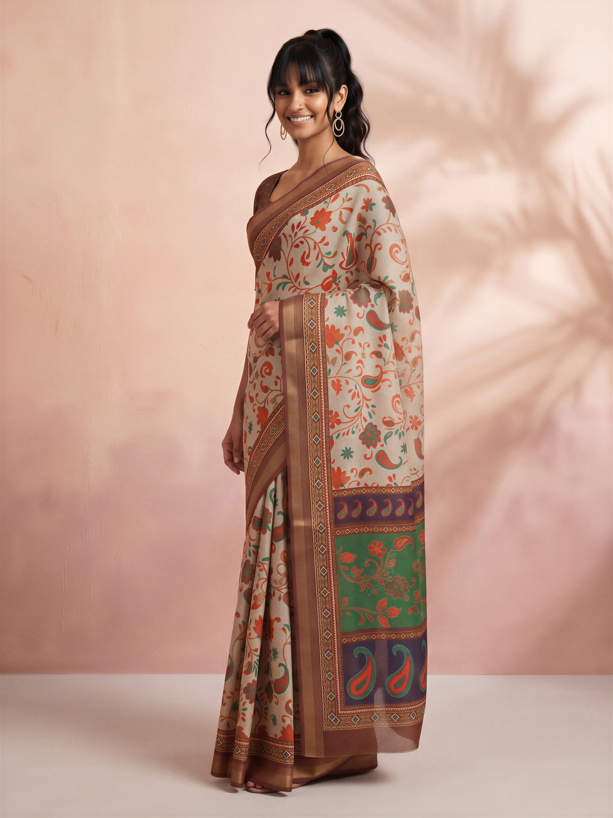 Light Brown Cotton Linen saree – detail view 2