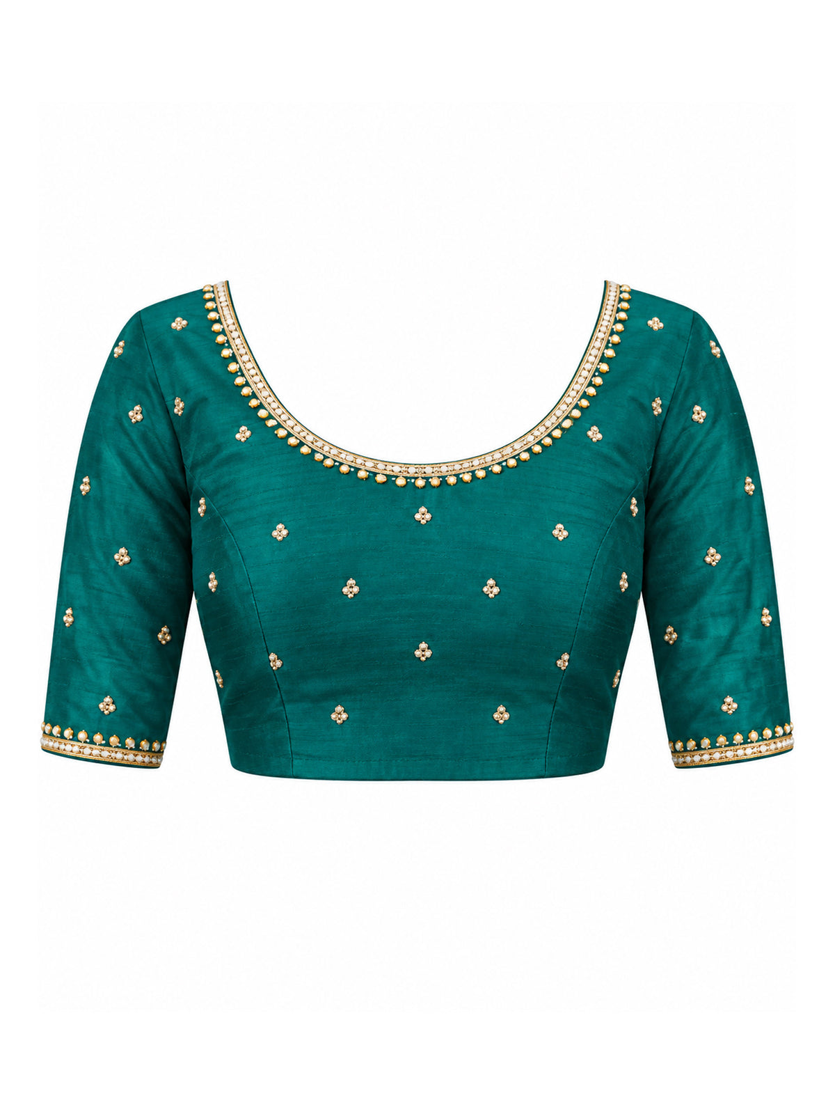 Unstitched teal green banglori silk blouse piece with embellished design