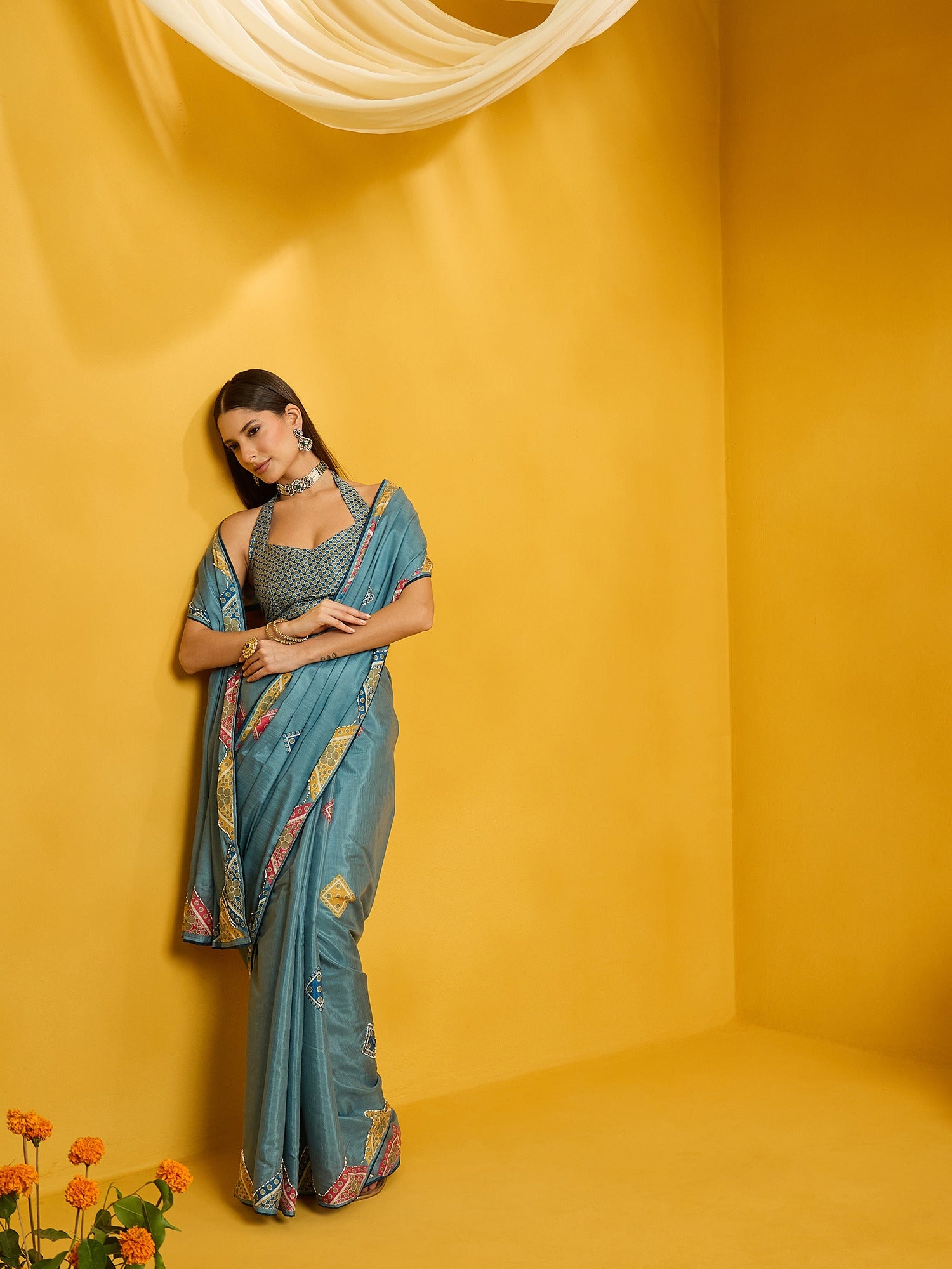 Teal Blue Silk Cotton saree – detail view 2