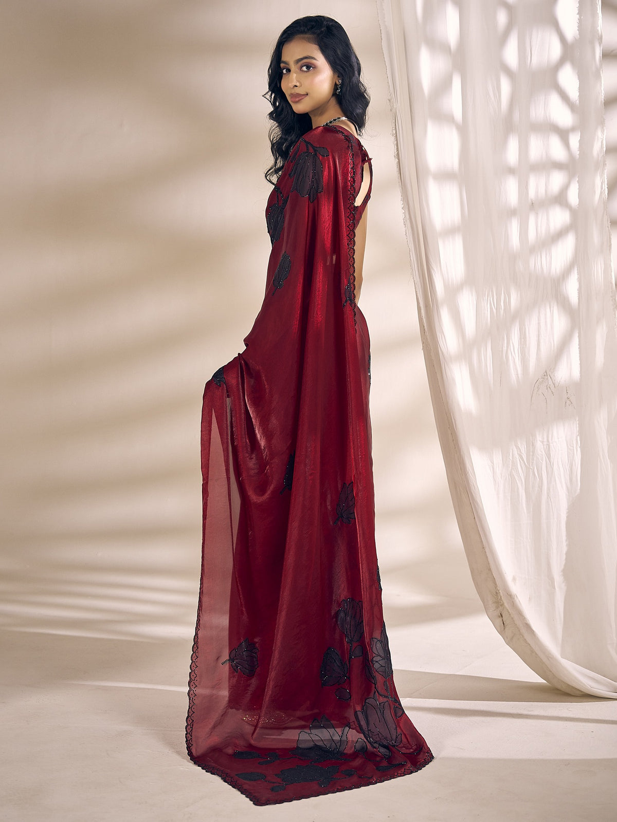 Maroon satin silk saree view 3
