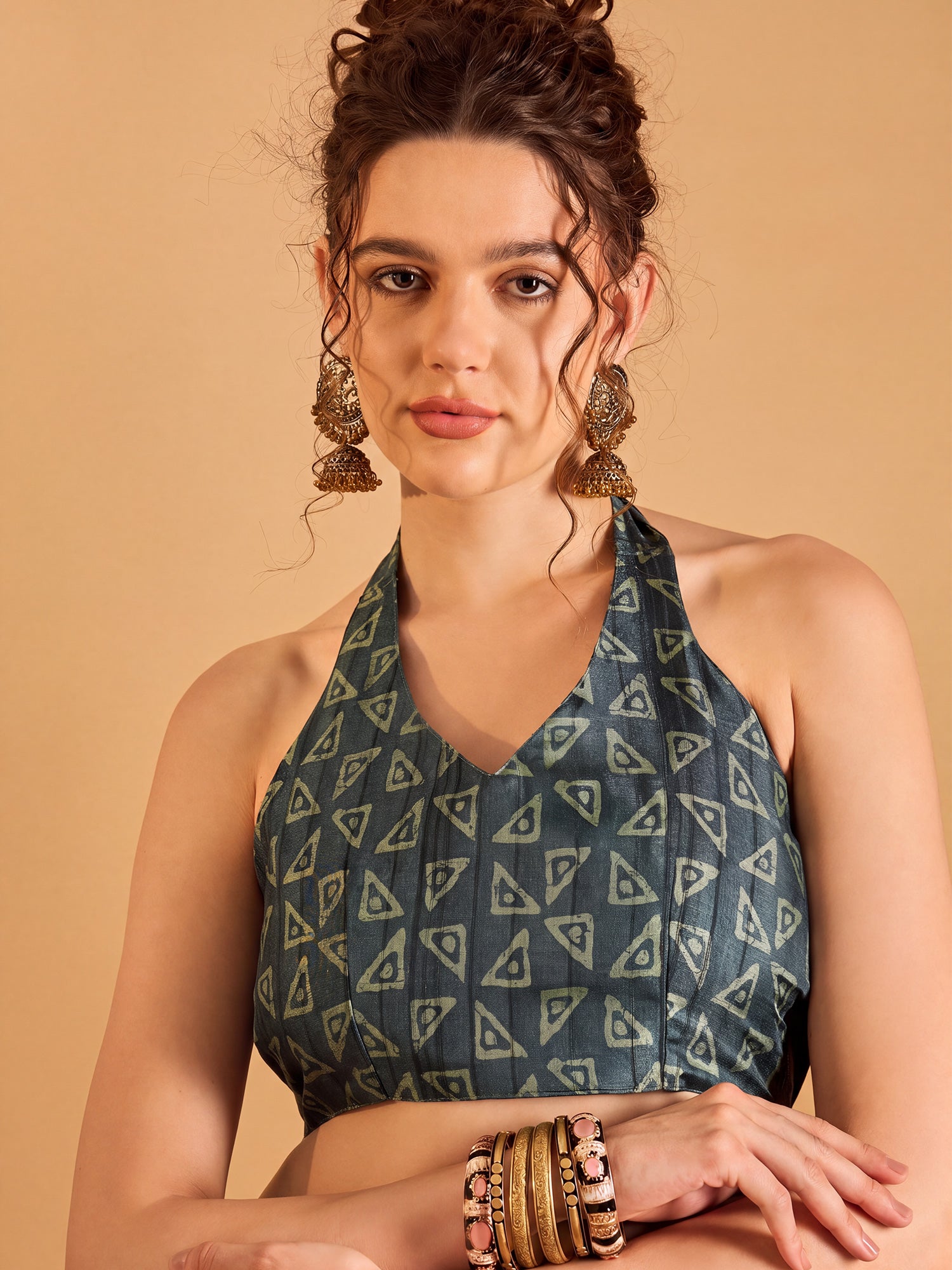 Unstitched teal green silk blend blouse piece with bagru print design