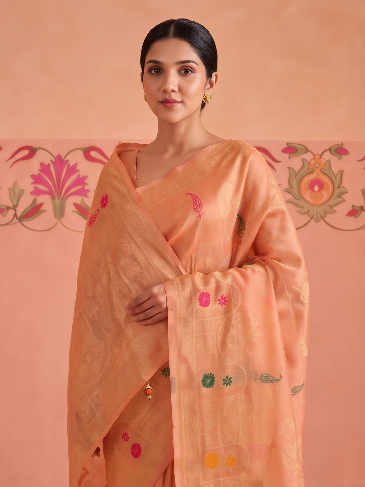 Peach silk blend saree view 3