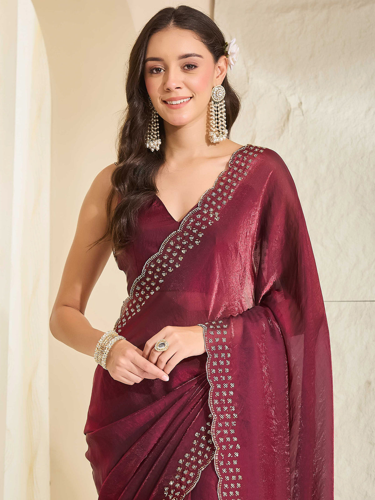 Wine Satin saree – detail view 4