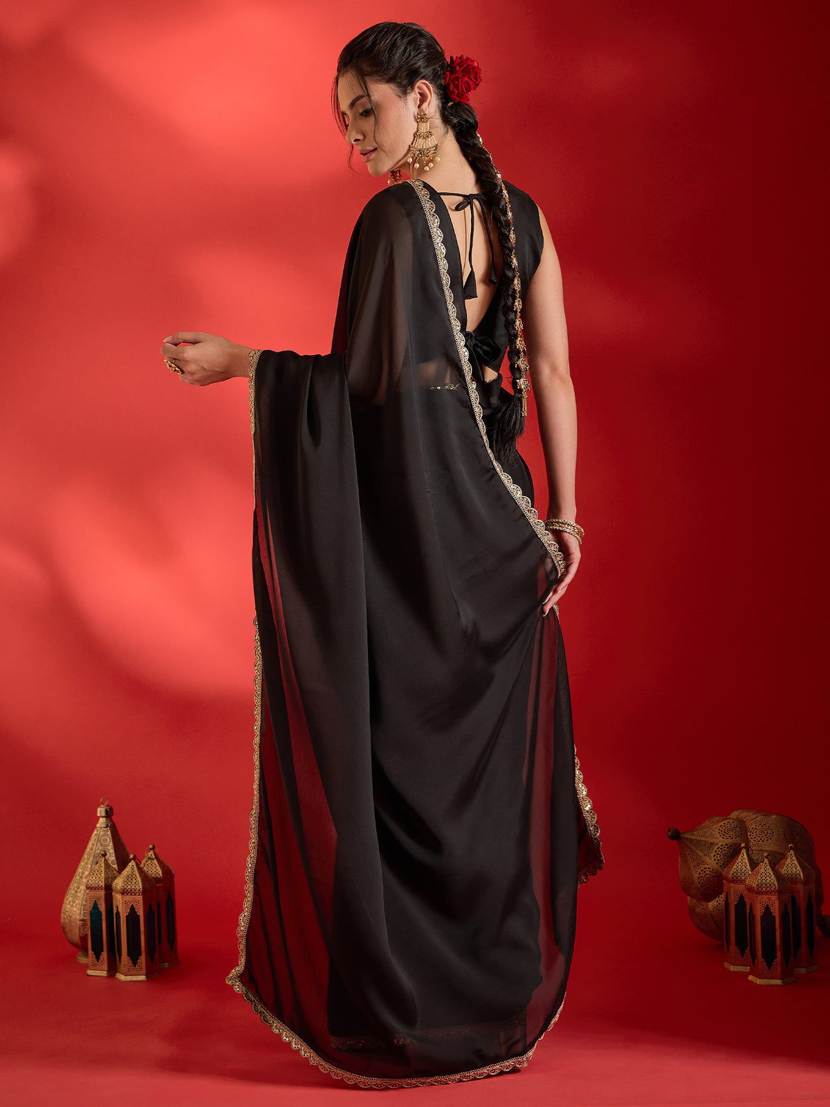 Black Pure Georgette saree – detail view 1