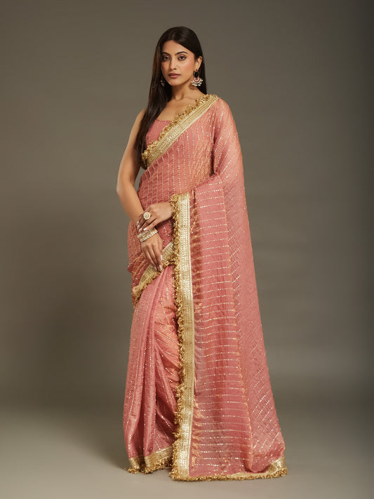 Woman wearing peach satin saree with ornamented surface design and peach blouse