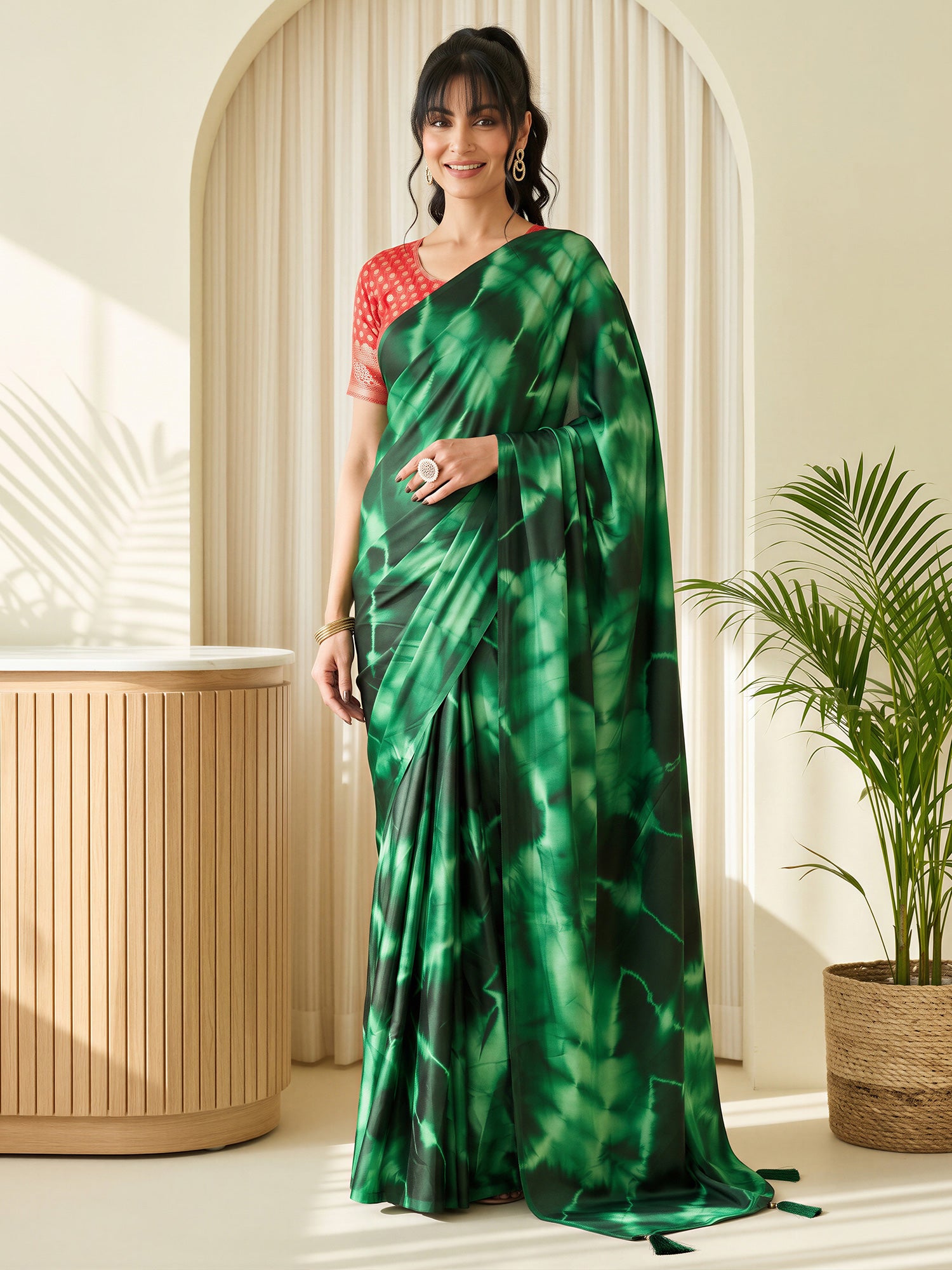 Green Satin Silk saree – detail view 3