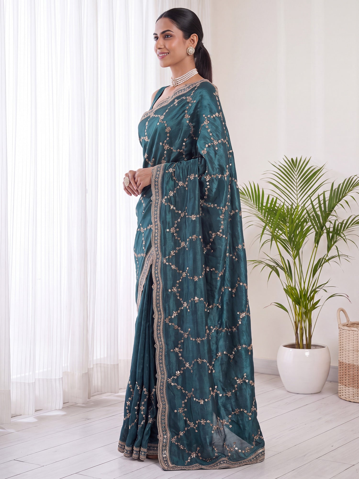 Teal Green Satin saree – detail view 2