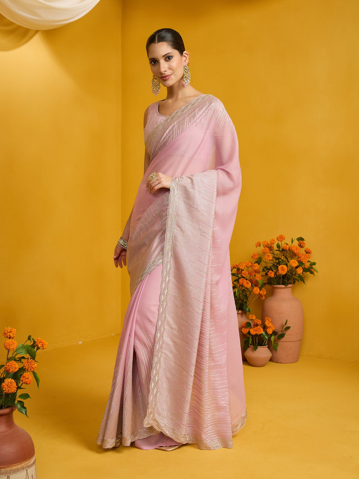 Pink Pure Georgette saree – detail view 1