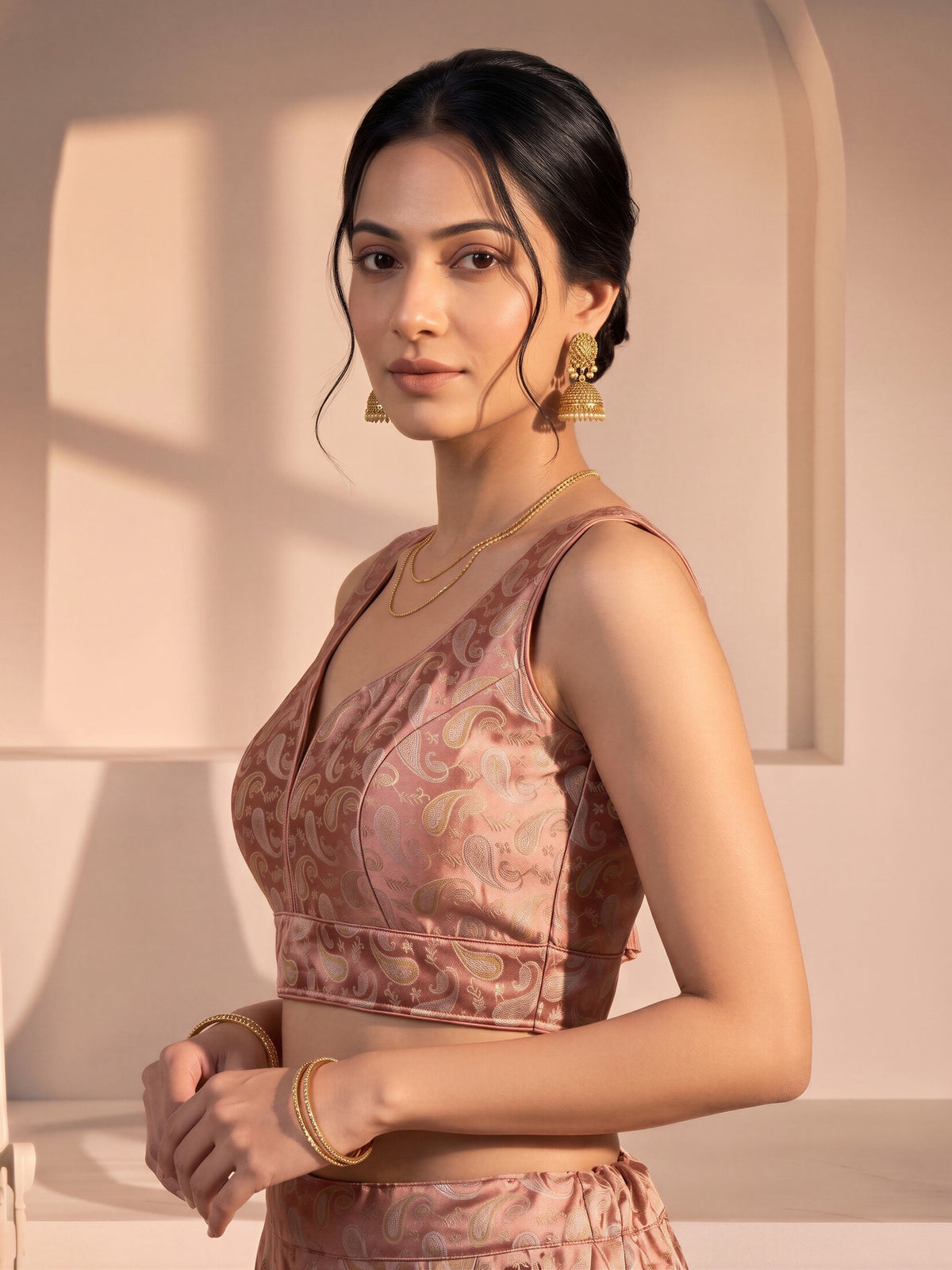 Peach woven brocade silk blend sleeveless readymade saree blouse with v neck view 1