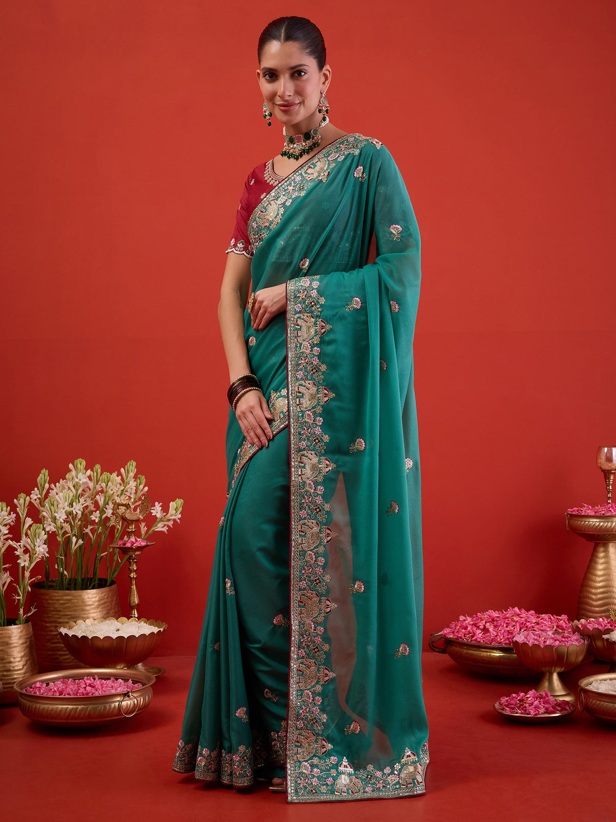 Teal Green Georgette saree – detail view 3