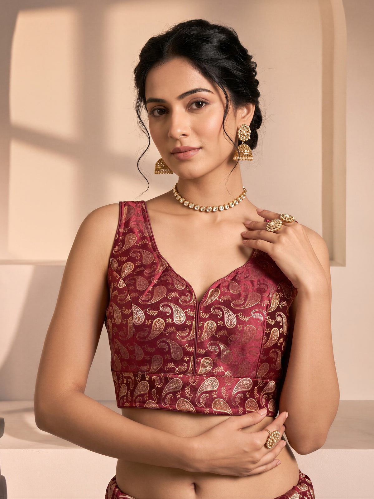 Maroon woven brocade silk blend sleeveless readymade saree blouse with v neck