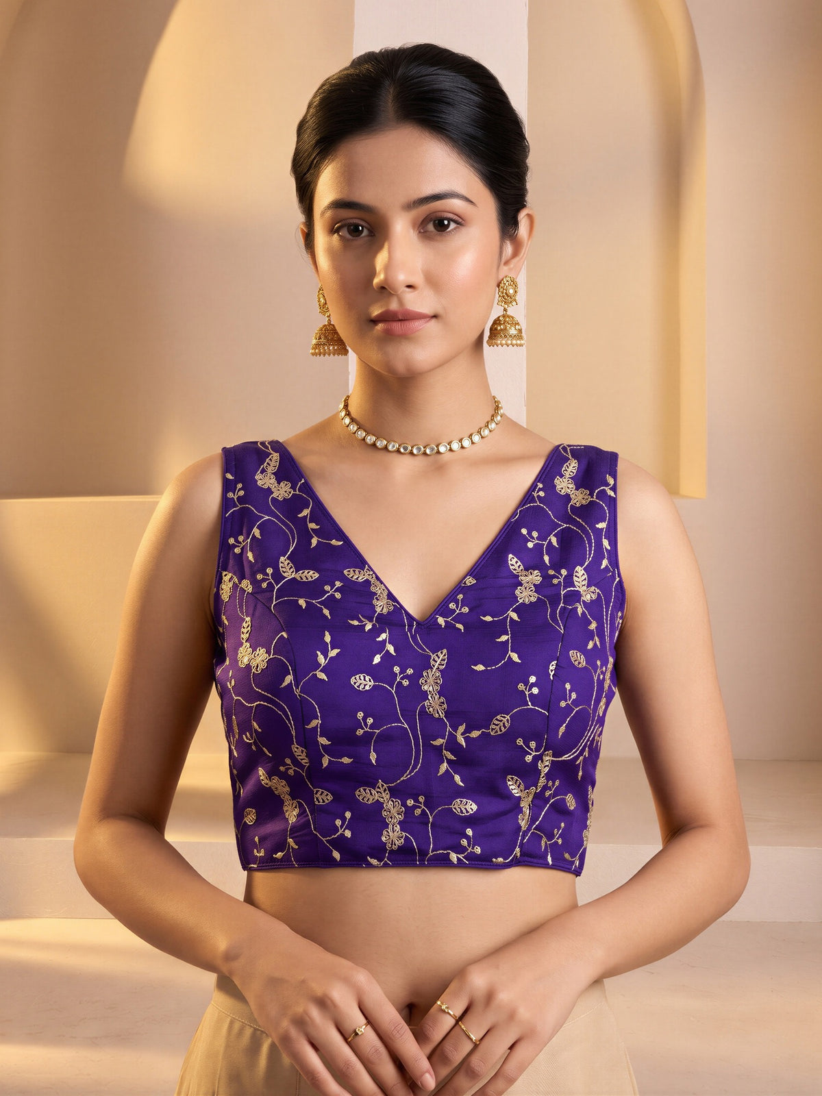 Violet sequin embroidered vichitra silk sleeveless readymade saree blouse with v neck