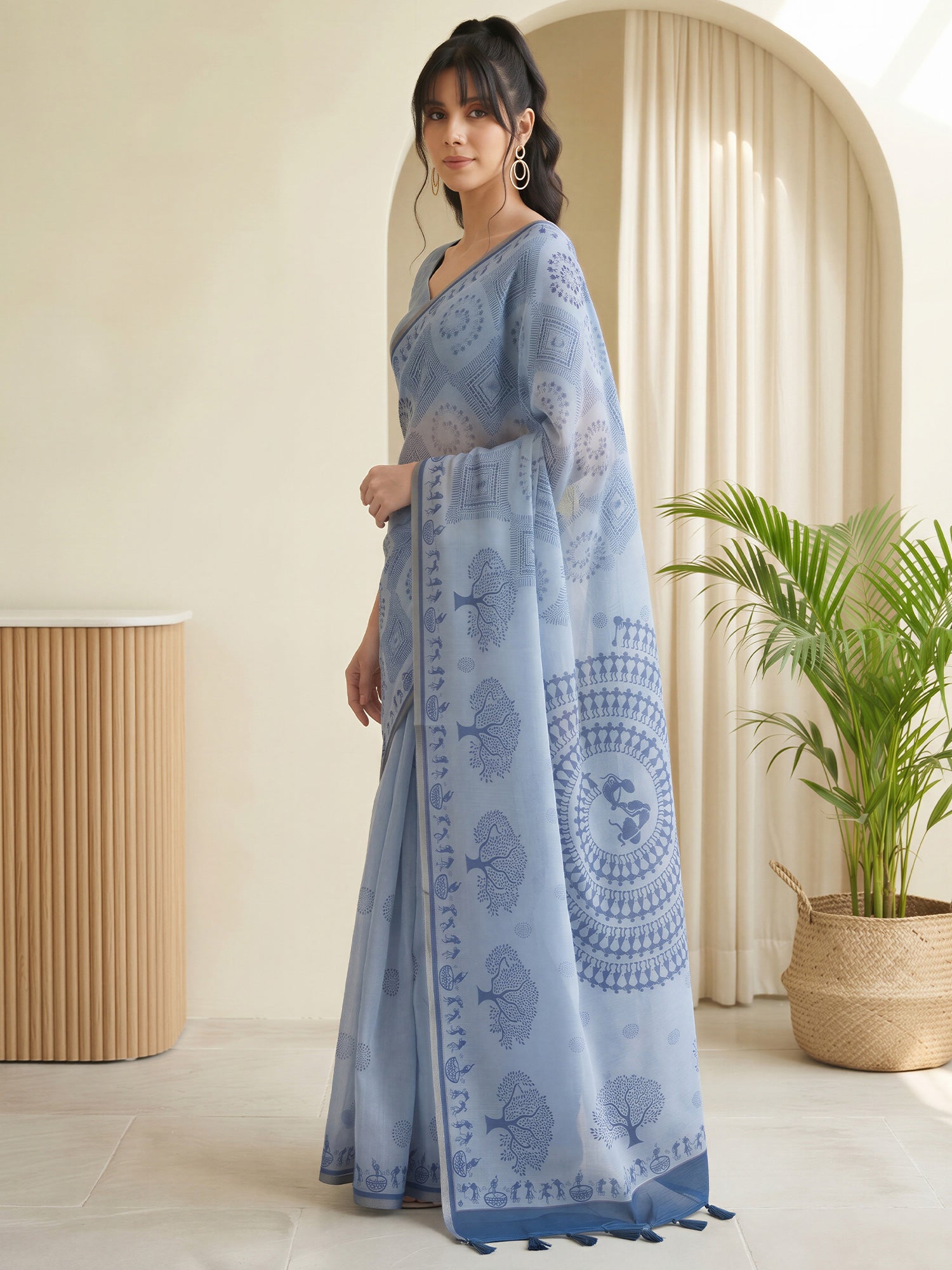Light Blue Cotton Linen saree – detail view 2