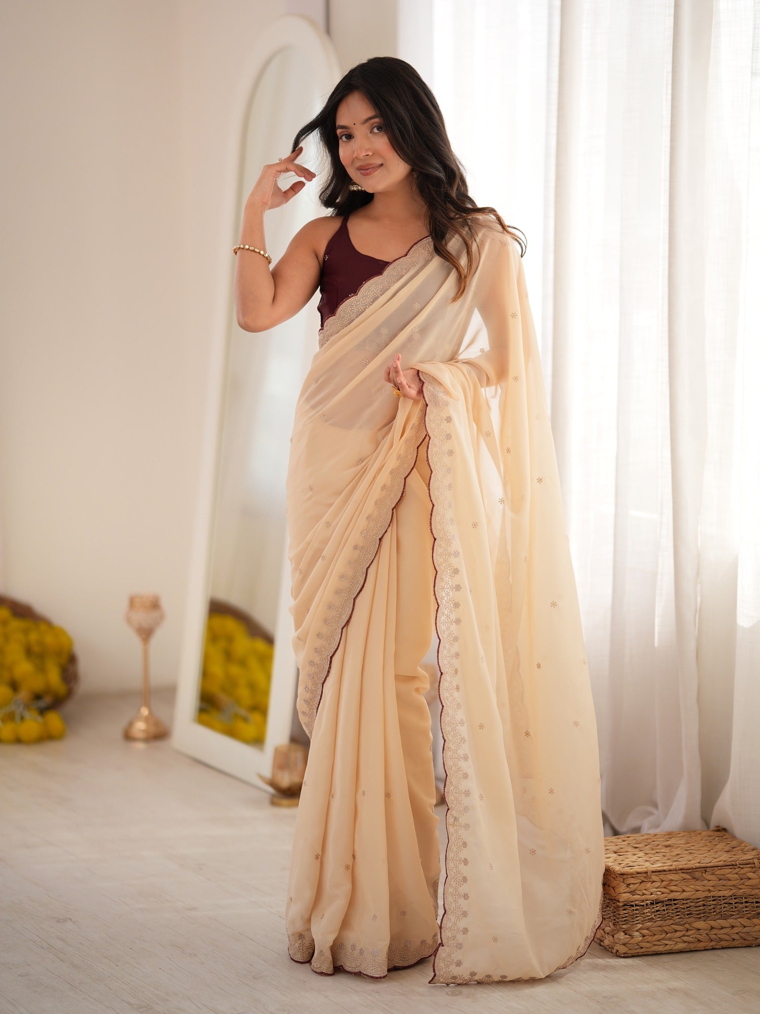 Cream Georgette saree – detail view 2