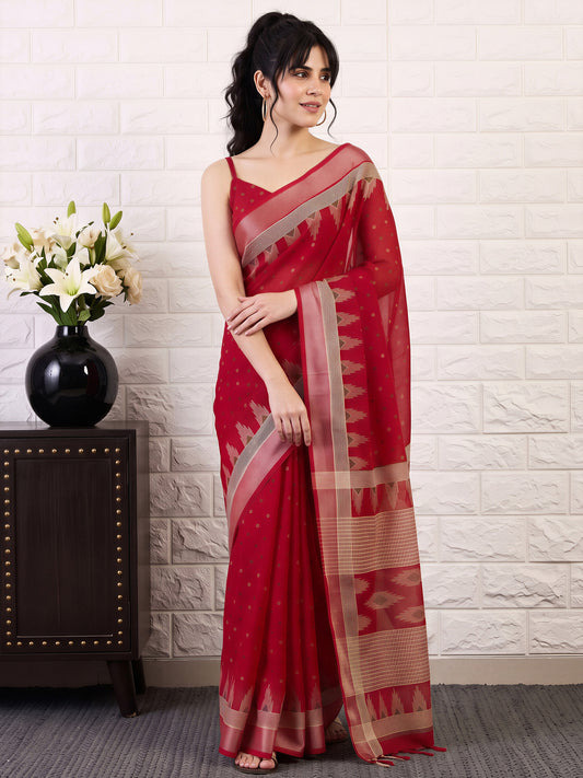 Woman wearing red cotton linen saree with bagru hand block-print work and red blouse