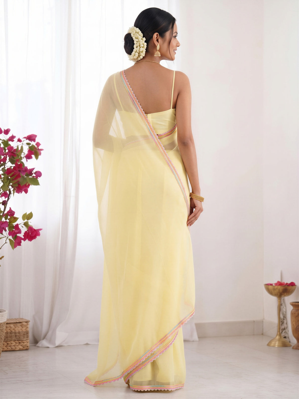 Yellow satin silk saree view 1