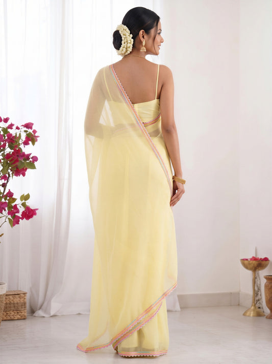 Yellow satin silk saree view 1