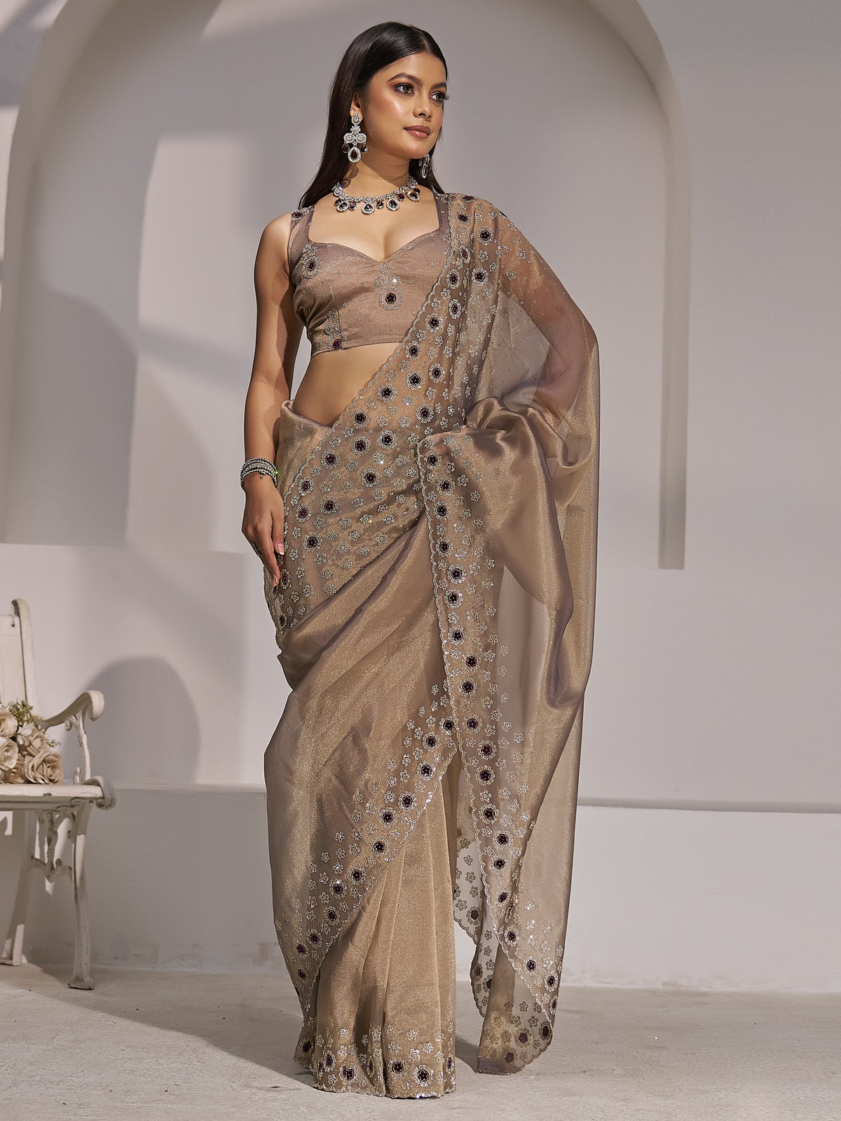 Silver organza saree view 4