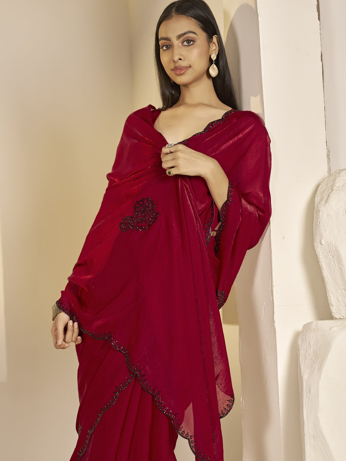 Red satin silk saree view 4