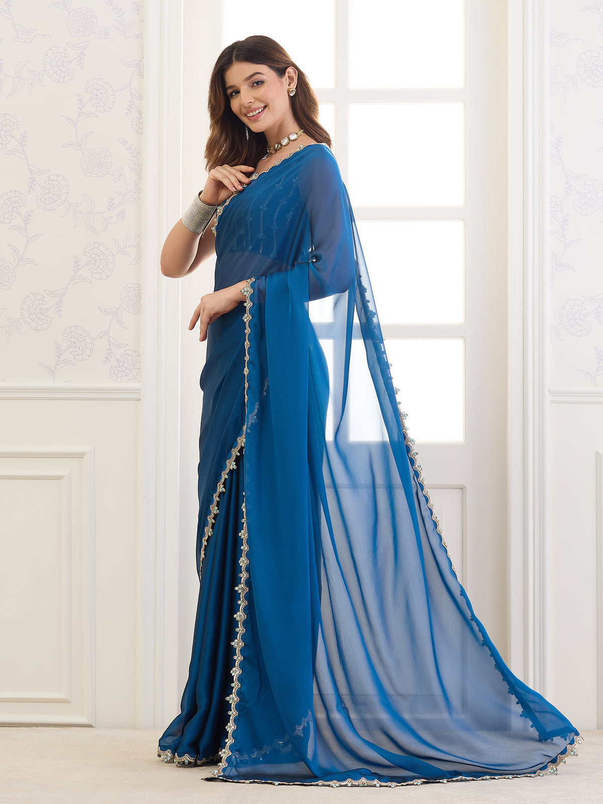 Blue Pure Georgette saree – detail view 2