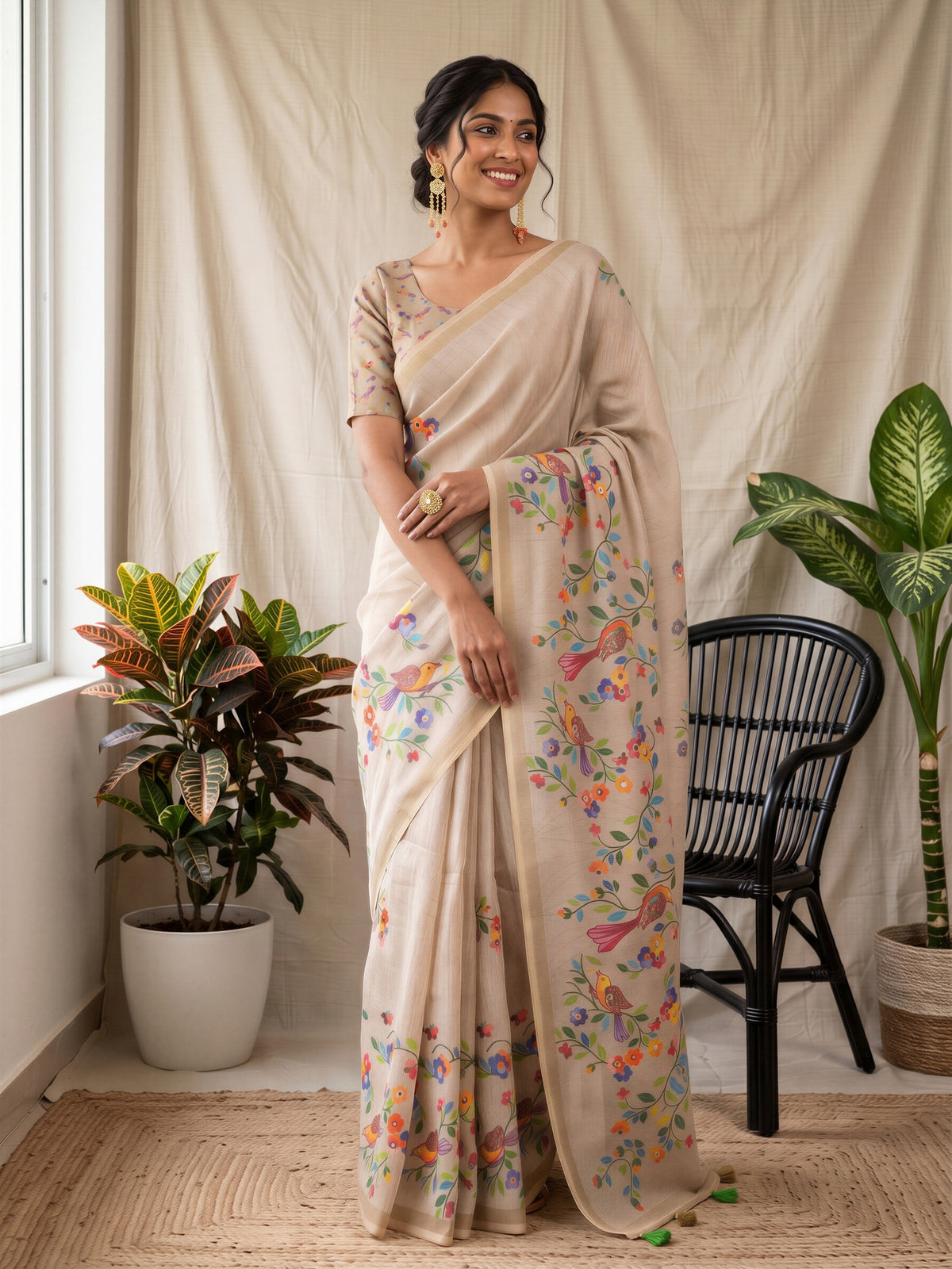 Taupe Linen Blend saree – detail view 3