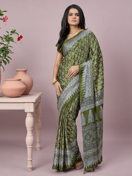 Light Green ajrak satin saree with light green blouse piece