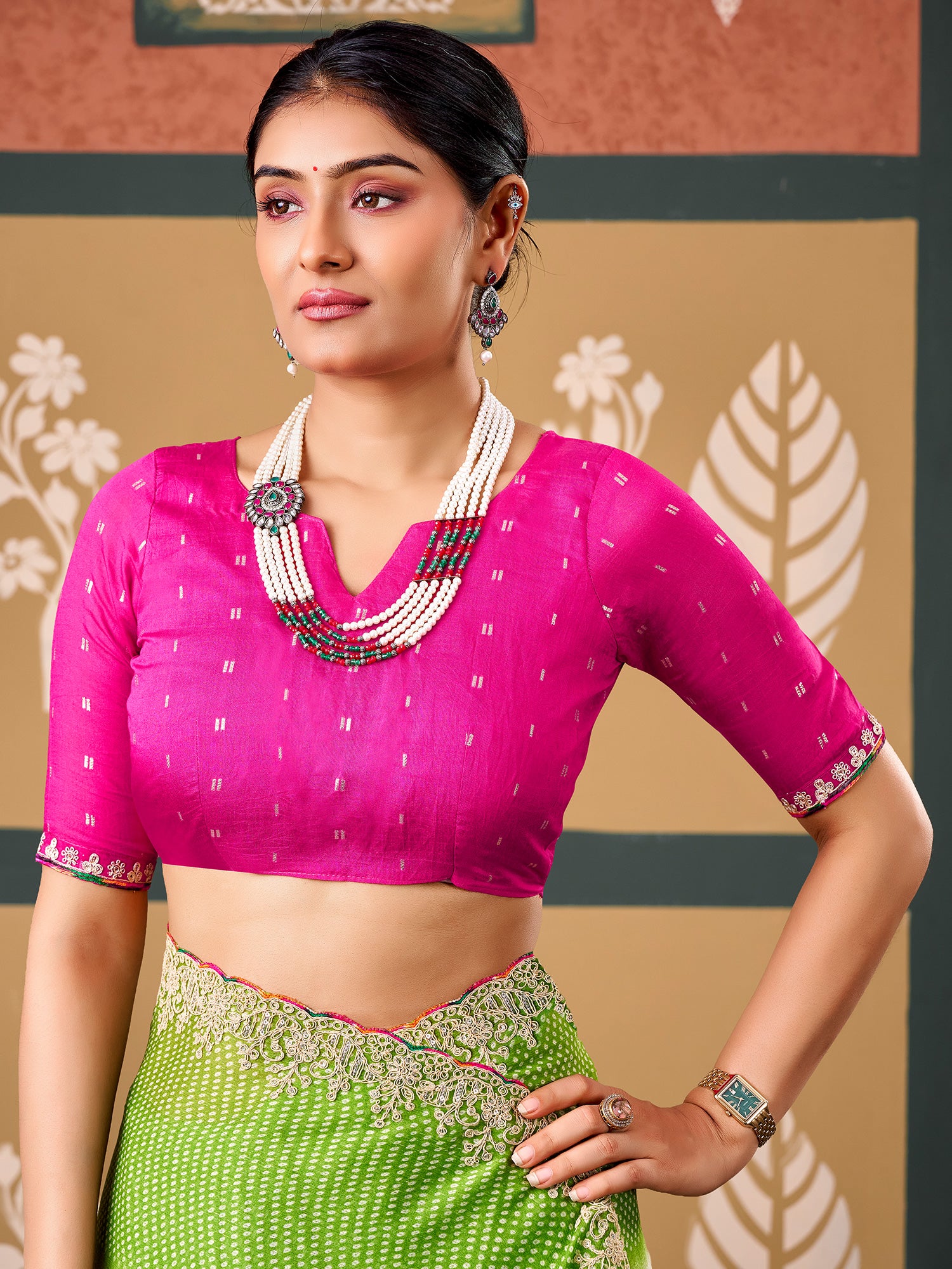 Unstitched pink banarasi silk blouse piece with zari butta design