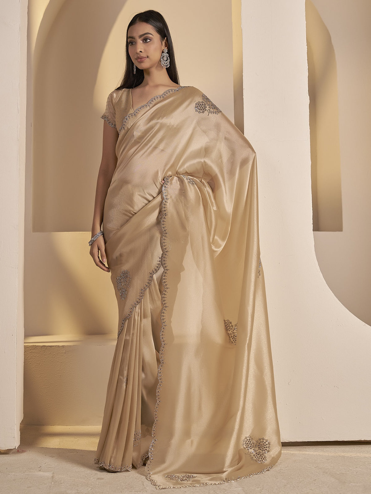 Champagne embellished organza saree with champagne blouse piece