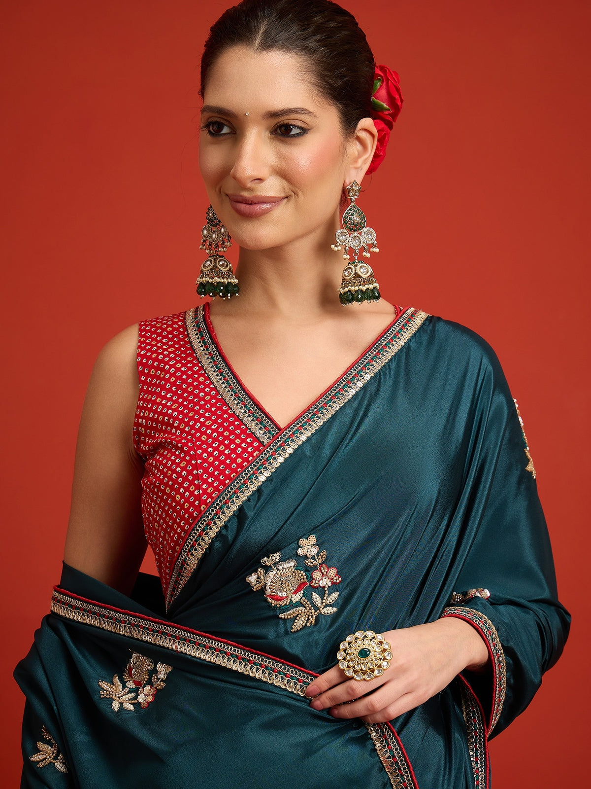 Teal Green satin silk saree view 3