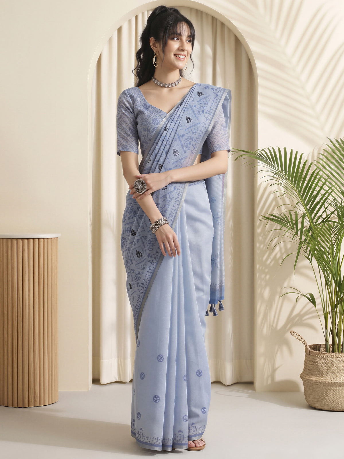 Light Blue Cotton Linen saree – detail view 3