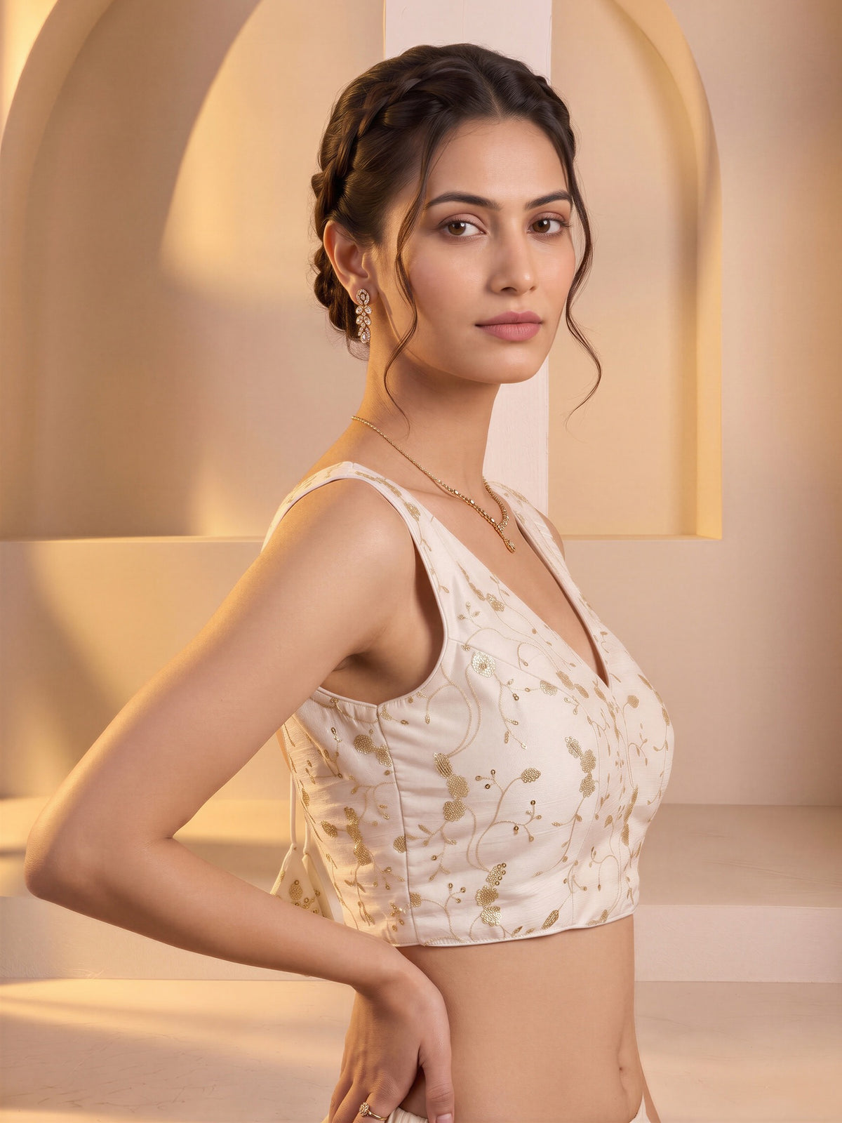 White sequin embroidered vichitra silk sleeveless readymade saree blouse with v neck view 2