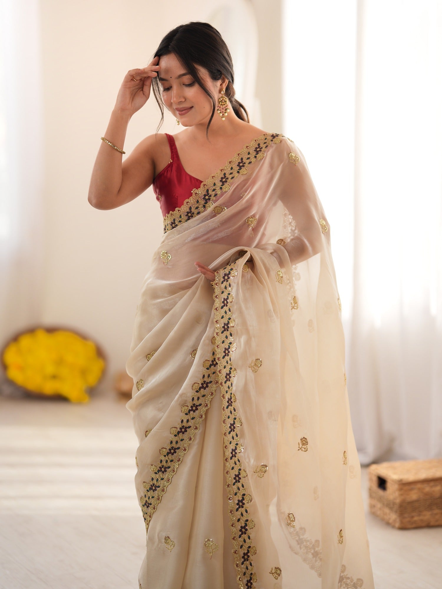 Beige Satin saree – detail view 3