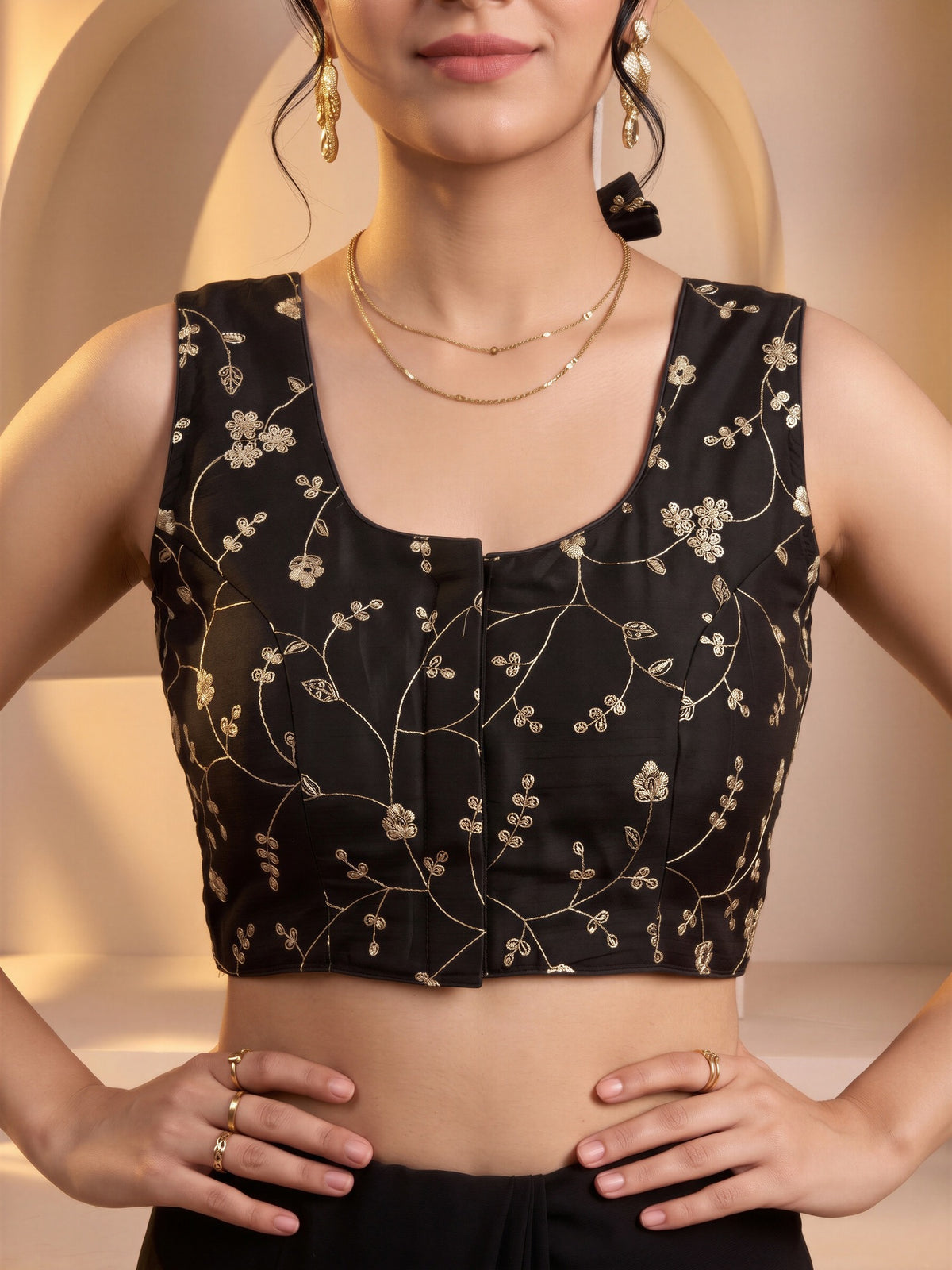 Black sequin embroidered vichitra silk sleeveless readymade saree blouse with round neck view 4