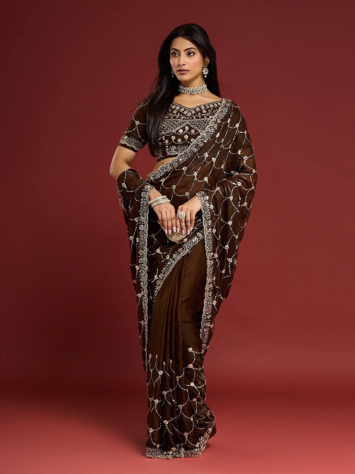 Brown Satin saree – detail view 3